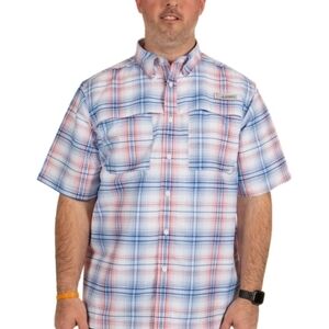 Habitat SS fishing shirt Red white blue plaid Small 40+solar factor